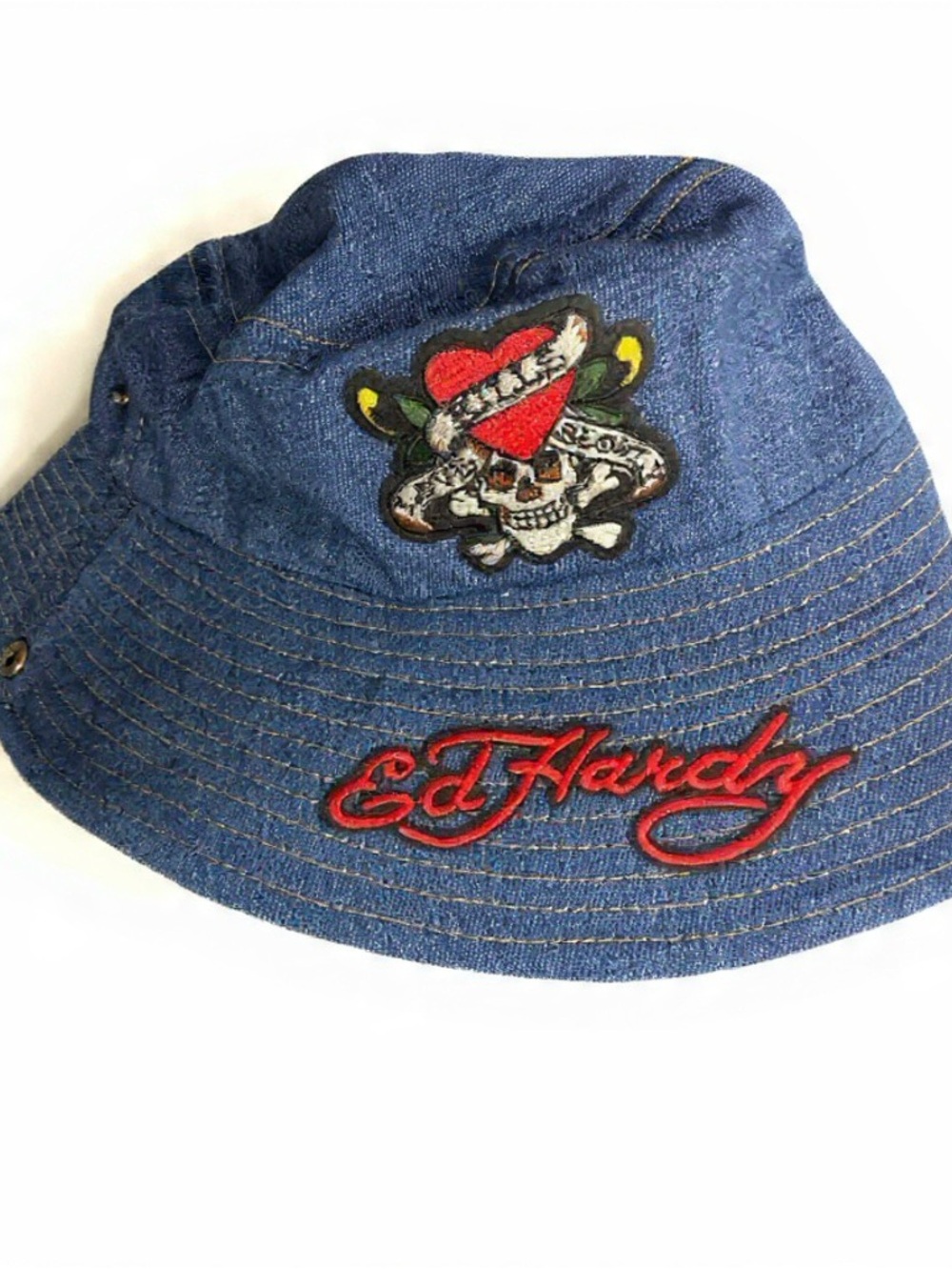 Ed Hardy Blue Denim Kids Bucket Hat with Red Script & Multi Patch